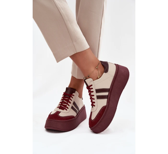 Skórzane Sneakersy Damskie Na Platformie Zazoo 3775 Beżowo-Bordowe