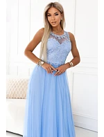 672-1 Romantické svadobné maxi šaty s vyšívanou čipkou a tylom - modré 672-1 Romantické svadobné maxi šaty s vyšívanou čipkou a tylom - modré