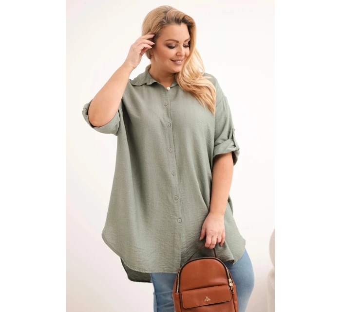 Dámská košile Plus Size z viskózy s delším zadním dílem khaki