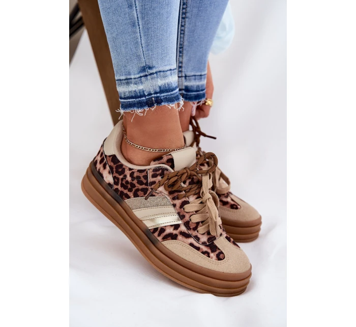 Sneakersy Damskie Na Platformie Z Podwójnym Sznurowaniem Panterka Beżowe Niteria Sneakersy Damskie Na Platformie Z Podwójnym Sznurowaniem Panterka Beżowe Niteria