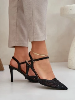 Lodičky na podpätku s otvoreným podpätkom a ozdobou Nanadra - čierne