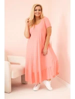 Dámské šaty plus size s krátkým rukávem a volánem z lehké viskózy růžová