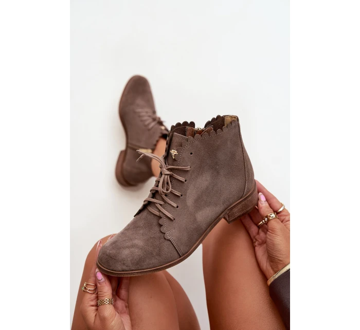 Zazoo 2964 Zamszowe Botki Na Płaskim Obcasie Ciemnobeżowe