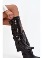 Dámské kozačky na platformě s ohnutým horním lemem a stříbrnými přezkami Černé Sarisse