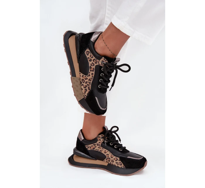 Dámske kožené tenisky na platforme s leopardím vzorom Artiker - čierne Dámske kožené tenisky na platforme s leopardím vzorom Artiker - čierne