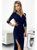 404-2 Dlhé trblietavé šaty s výstrihom a rozparkom na nohách - GRANITE s trblietkami