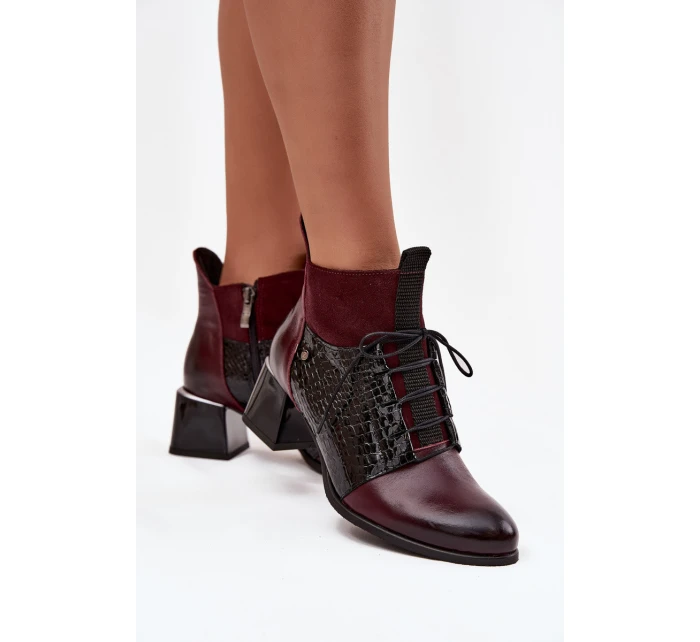 Zazoo 60503 Skórzane Botki Na Obcasie Ocieplane Bordowe