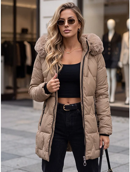 Dámska zimná prešívaná bunda s kapucňou, béžová, FashionStreet TY5735 Dámska zimná prešívaná bunda s kapucňou, béžová, FashionStreet TY5735