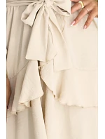 model 22102276 Smyslné mini šaty s obálkovým výstřihem béžové - numoco