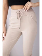 Dámské teplákové kalhoty s vysokým pasem a šňůrkou béžové