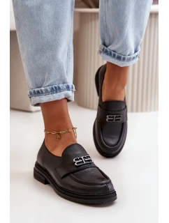 Zazoo 20174 Skórzane Eleganckie Półbuty Damskie Na Płaskim Obcasie Czarne