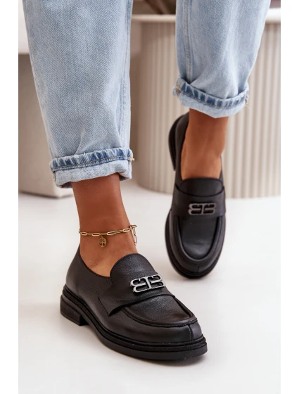 Zazoo 20174 Skórzane Eleganckie Półbuty Damskie Na Płaskim Obcasie Czarne