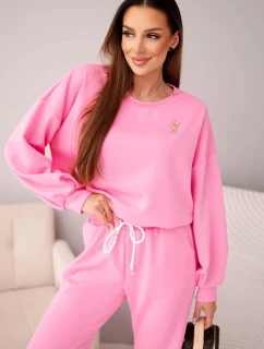 Dámska súprava maslová mikina s brošňou a nohavice s rovnými nohavicami svetlo ružová