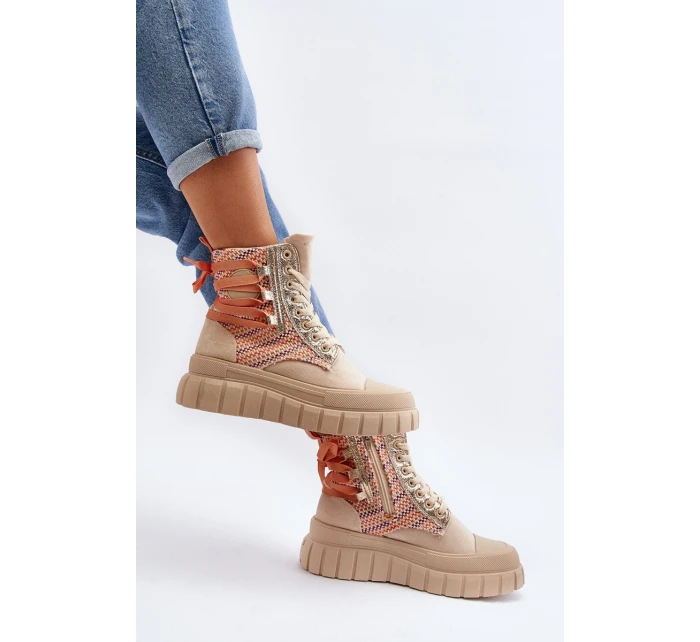 Wysokie Trampki Damskie Na Masywnej Platformie Beżowe Kernia Wysokie Trampki Damskie Na Masywnej Platformie Beżowe Kernia