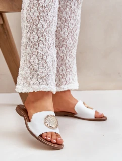 Kožené Pantofle S Dekorací Na Plochém Podpatku Bílé Zazoo model 21682298 - Boto