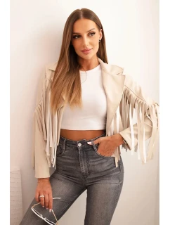 Dámská bunda z eko kůže s třásněmi v boho stylu béžová