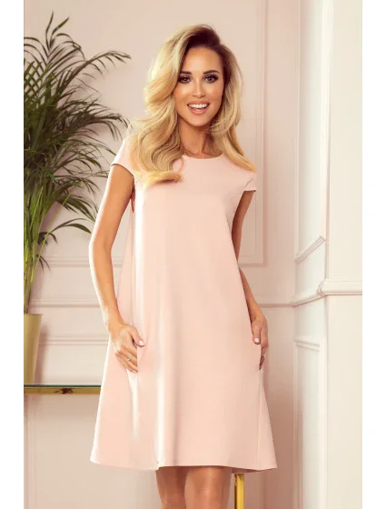 Dámské trapézové šaty v pastelově růžové barvě s kapsičkami model 8945028 - numoco