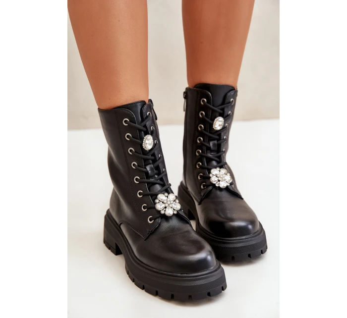 Botki Workery Damskie Eko Skórzane Z Przypinkami Czarne Kristines Botki Workery Damskie Eko Skórzane Z Przypinkami Czarne Kristines