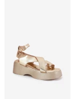 Sandały Damskie Na Platformie I Koturnie Eko Skórzane Złote Tenzorus Sandały Damskie Na Platformie I Koturnie Eko Skórzane Złote Tenzorus