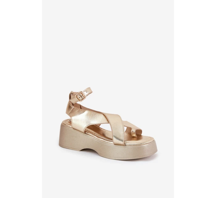 Sandały Damskie Na Platformie I Koturnie Eko Skórzane Złote Tenzorus Sandały Damskie Na Platformie I Koturnie Eko Skórzane Złote Tenzorus