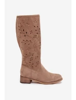 Dámske perforované čižmy na podpätku Helinna - béžové Dámske perforované čižmy na podpätku Helinna - béžové