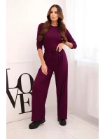 Dámská viskózová souprava s halenkou a širokými kalhotami tmavě fialová
