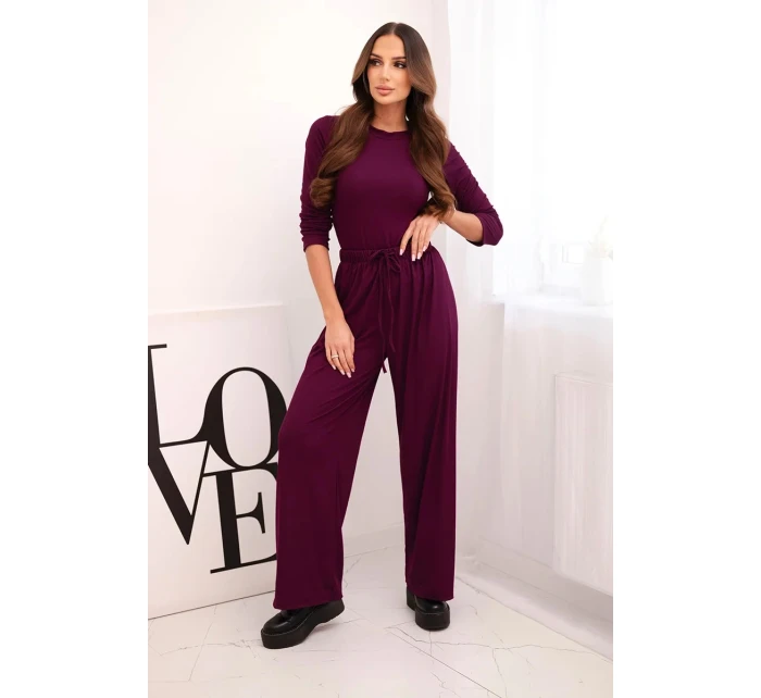 Dámská viskózová souprava s halenkou a širokými kalhotami tmavě fialová