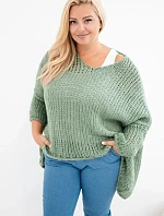 Dámsky oversized priehľadný sveter s výstrihom do V a predĺženou zadnou časťou v khaki farbe