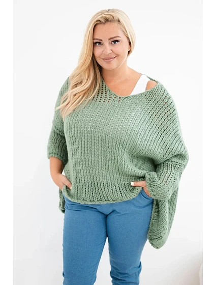 Dámsky oversized priehľadný sveter s výstrihom do V a predĺženou zadnou časťou v khaki farbe