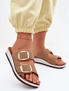 Dámské pantofle se zlatými sponami model 22094931 světle hnědé - Inblu