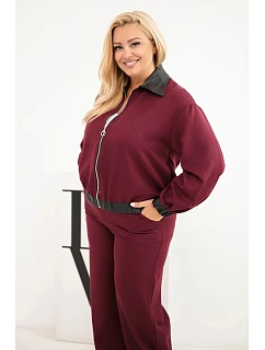 Dámska súprava vo veľkosti Plus Size s mikinou na zips a širokými nohavicami v bordovej farbe