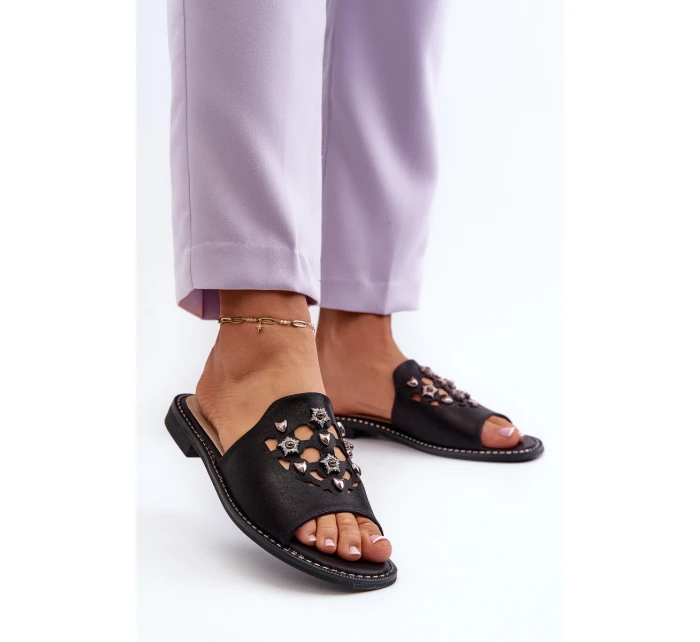 Błyszczące Klapki Damskie Z Ozdobami S.Barski KV27-063 Czarne