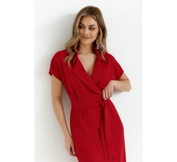 S363 Košeľové šaty s opaskom na zaväzovanie - červené