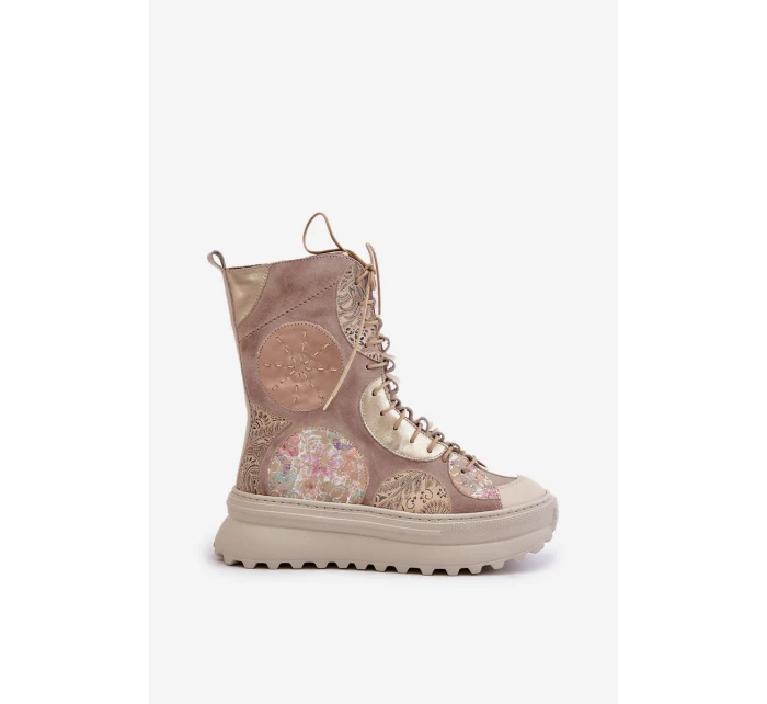 Skórzane Zamszowe Botki Na Platformie Ocieplane Maciejka 06565-04 Beżowe