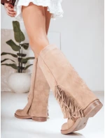 Dámské semišové rozšířené kozačky béžové Dstreet model 21994370 - FashionStreet