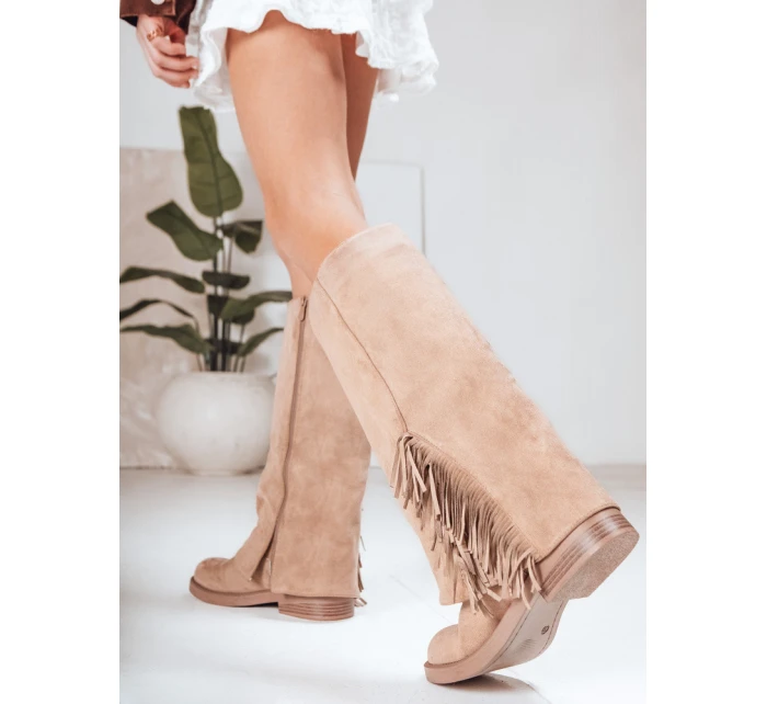 Dámské semišové rozšířené kozačky béžové Dstreet model 21994370 - FashionStreet