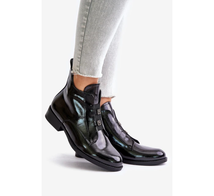 Lakierowane Botki Na Zamek Ocieplane Płaski Obcas S.Barski HY42-717 Czarne