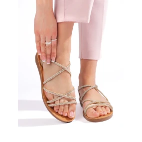 Komfortní  sandály zlaté dámské na plochém podpatku