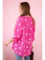 Dámska ľanová blúzka s kvetinovým vzorom, dlhými rukávmi a gombíkmi Ružová