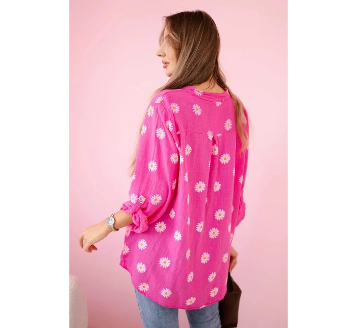 Dámska ľanová blúzka s kvetinovým vzorom, dlhými rukávmi a gombíkmi Ružová