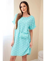 Dámske šaty s bodkami, krátkymi rukávmi a kabelkou mätovej farby