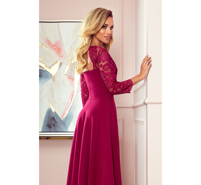 309-1 AMBER elegantné čipkované dlhé šaty s výstrihom - BORDE
