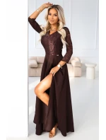model 21785337 AMBER elegantní dlouhé krajkové šaty s výstřihem čokoládové - numoco model 21785337 AMBER elegantní dlouhé krajkové šaty s výstřihem čokoládové - numoco