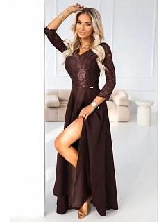 model 21785337 AMBER elegantní dlouhé krajkové šaty s výstřihem čokoládové - numoco