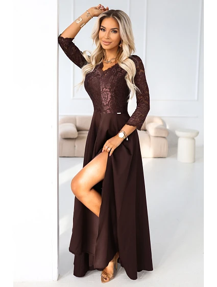 309-14 AMBER elegantné dlhé čipkované šaty s výstrihom - čokoládové 309-14 AMBER elegantné dlhé čipkované šaty s výstrihom - čokoládové