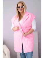 Dámske Plus veľkosť prešívaná vesta s opaskom a golierom svetlo ružová