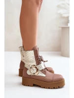 Zazoo 2942 Skórzane Botki Workery Ze Złotą Klamrą Beżowe