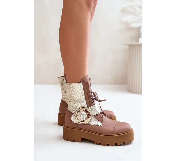 Zazoo 2942 Skórzane Botki Workery Ze Złotą Klamrą Beżowe