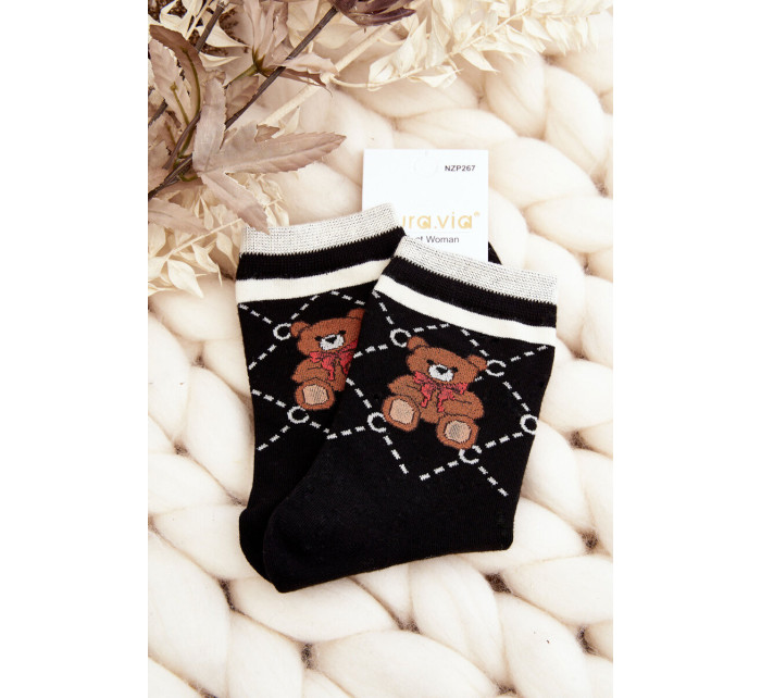 Vzorované dámske ponožky s medvedíkmi, čierne