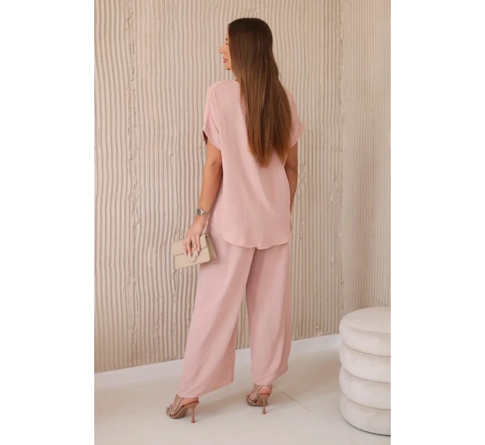 Komplet s náhrdelníkem halenka + kalhoty tmavě pudrově růžová Komplet s náhrdelníkem halenka + kalhoty tmavě pudrově růžová
